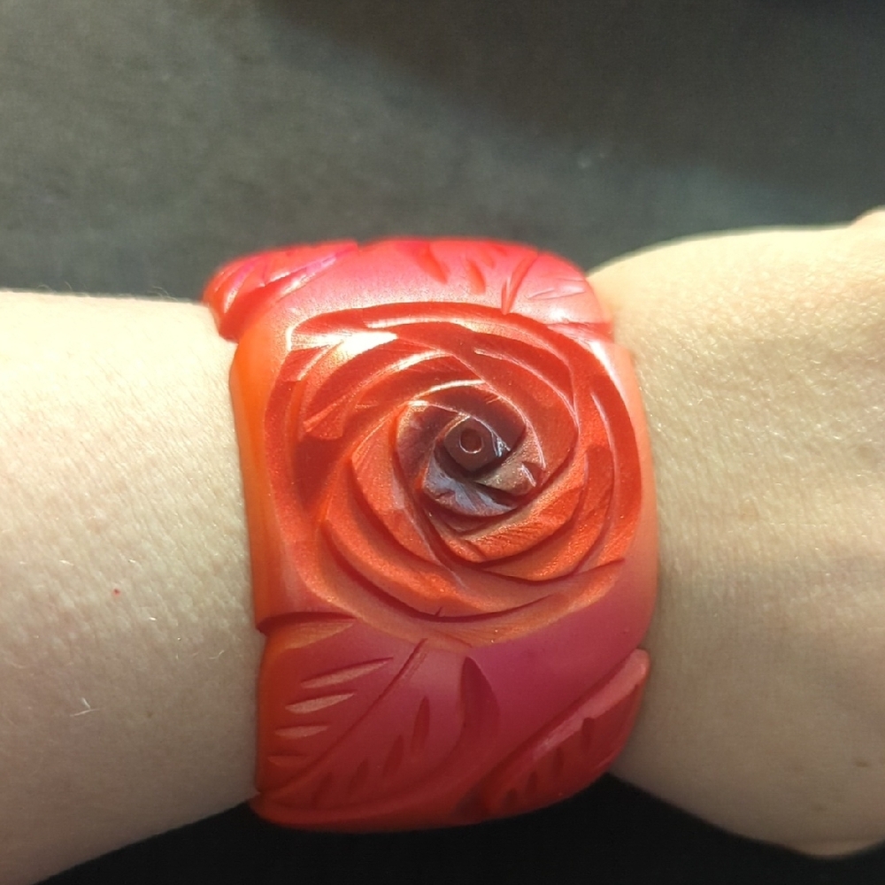 Antika Collection Coral Pink Orange Carved Rose Chunky Oversized Bangle Bracelet